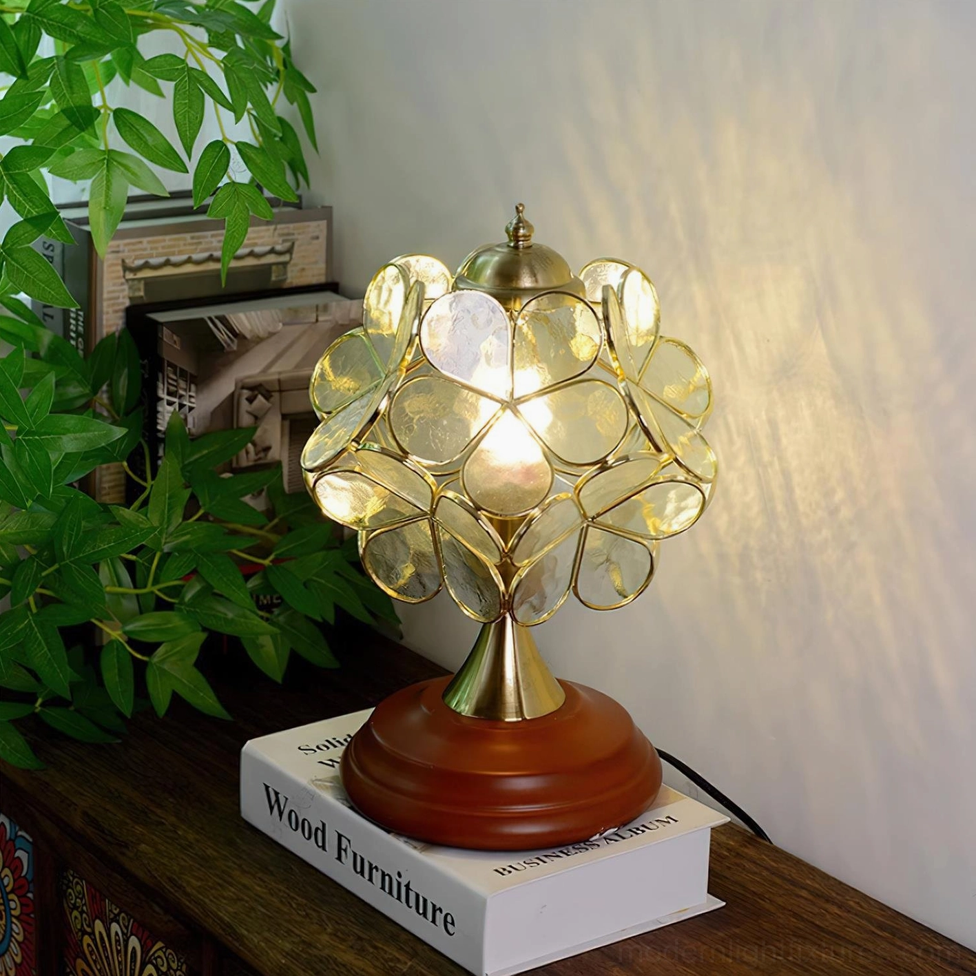 Tiffany stained glass table lamp vintage aesthetic with warm brass and wooden base components