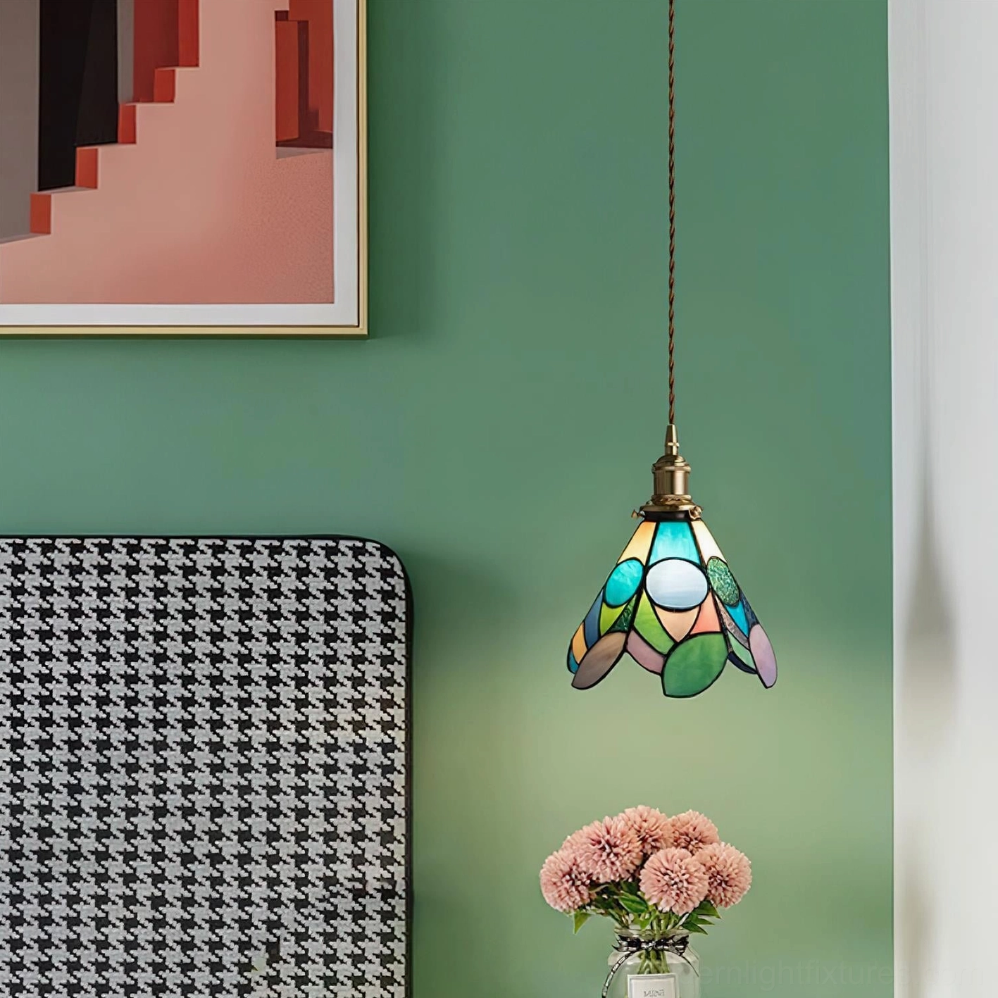 Tiffany style stained glass pendant lamp detail shot showing hand-cut glass panels and brass soldering craftsmanship