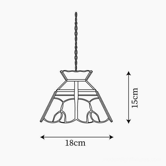 Tiffany stained glass pendant lamp technical specifications diagram showing 18cm diameter and 15cm height dimensions, vintage floral design