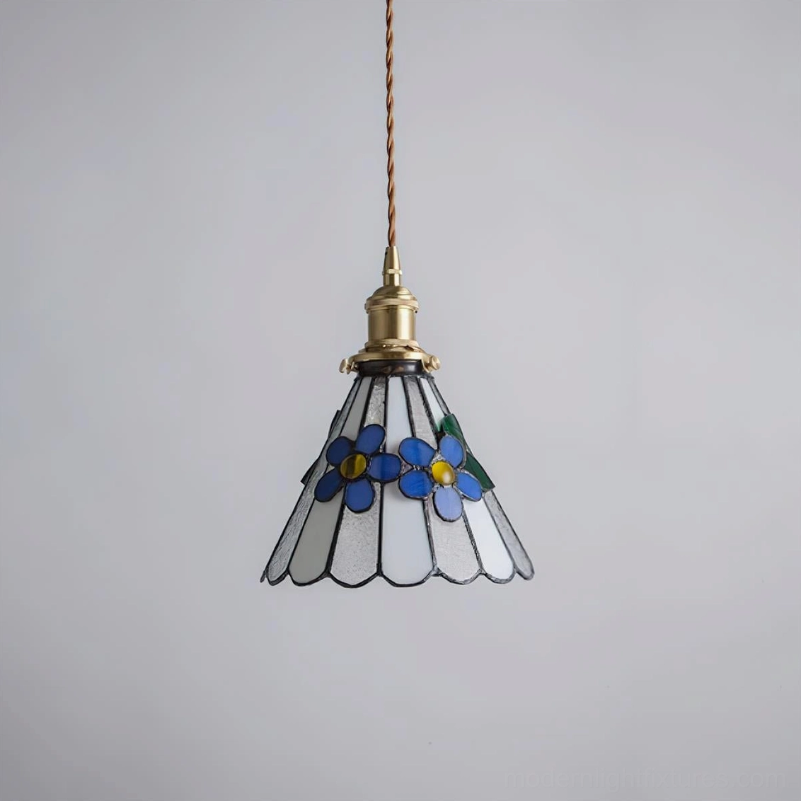 Handcrafted Tiffany pendant lamp with vintage floral stained glass shade and antique brass connector