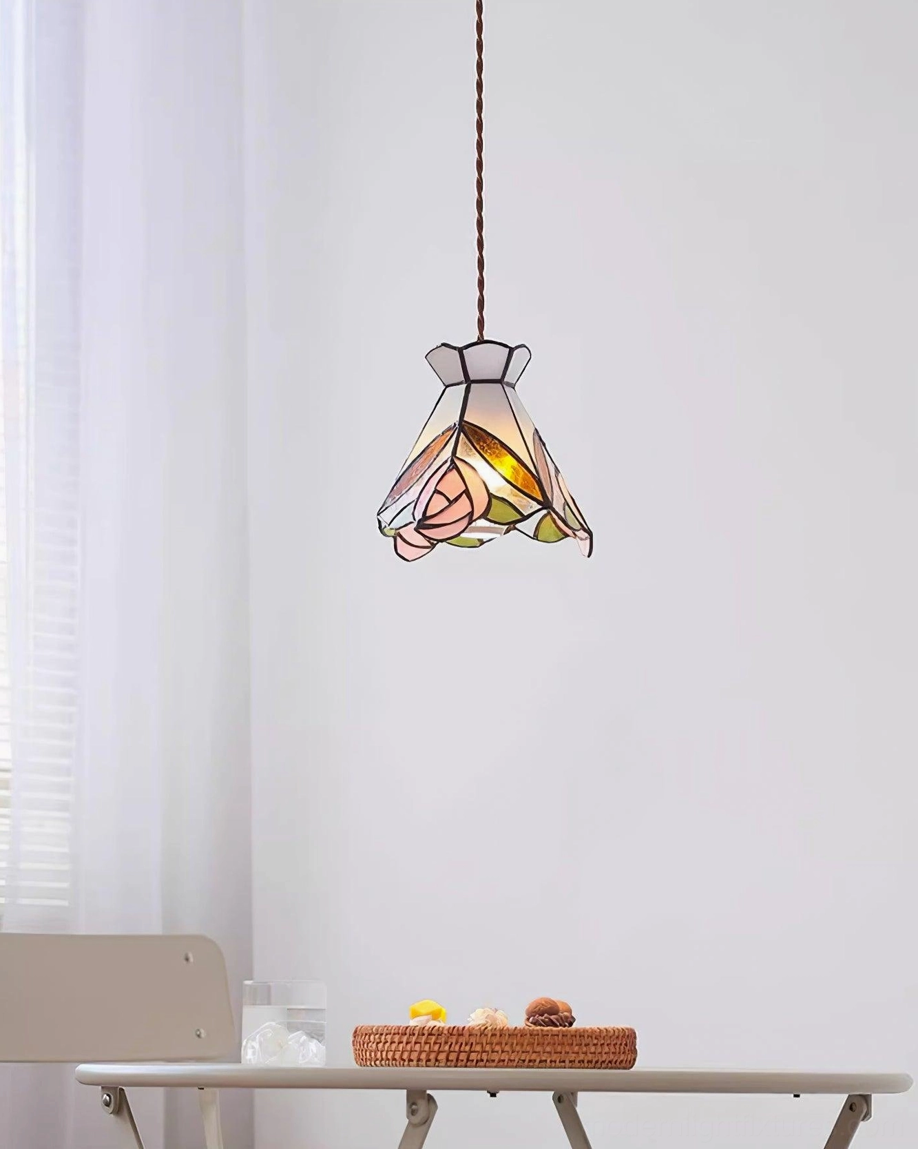 Tiffany rose brass pendant light fixture showing complete assembly with cord and fixture hardware