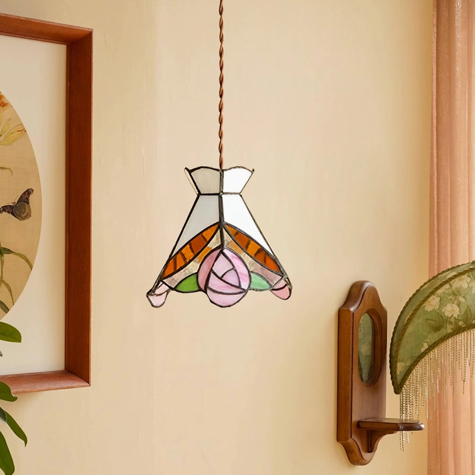 Tiffany rose brass pendant light installed on residential wooden accent wall with vintage home interior styling