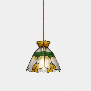 Hand-crafted Tiffany stained glass pendant lamp with vintage floral design, front view showcasing vibrant colored glass panels and brass frame on white background
