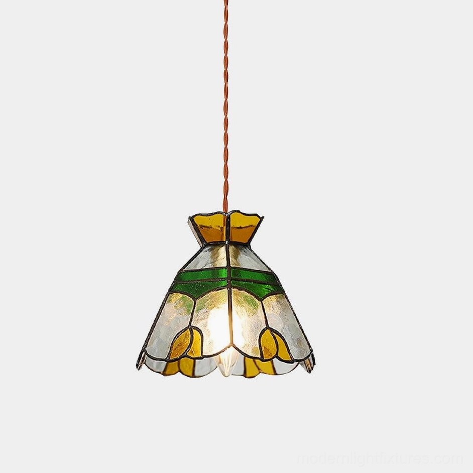 Hand-crafted Tiffany stained glass pendant lamp with vintage floral design, front view showcasing vibrant colored glass panels and brass frame on white background
