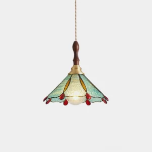 Retro Tiffany stained glass pendant light with petal-shaped aqua and red glass shade, brass and wood hardware, front view studio photography