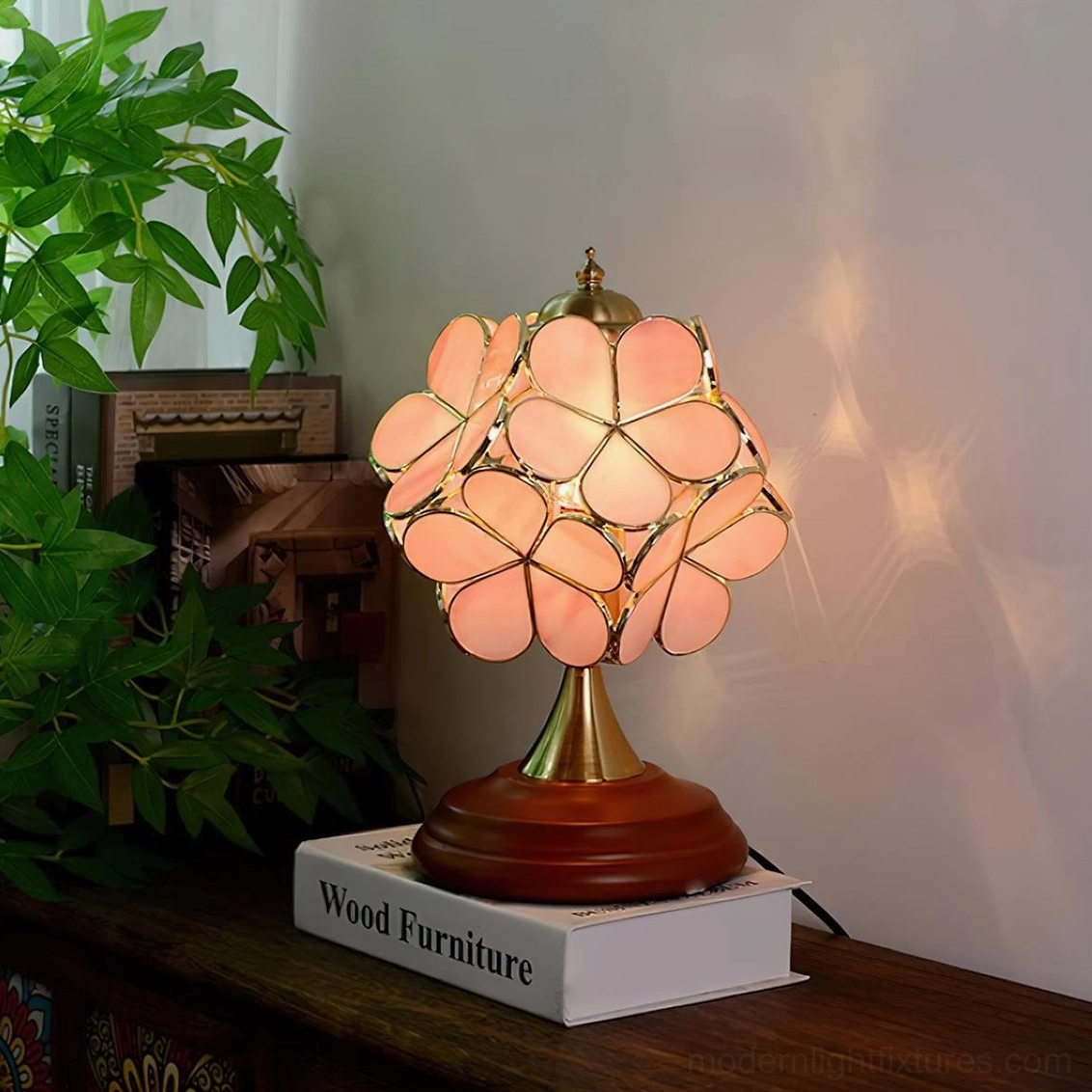 Tiffany stained glass table lamp complete with brass base wooden body multiple color variants available