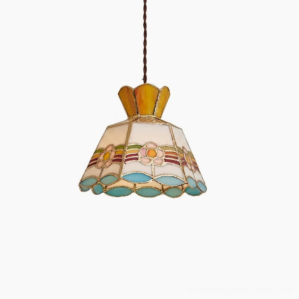 Retro Tiffany-style stained glass plug-in pendant light with copper-foil soldered hand-cut colored glass panels in scalloped art-glass design with vintage brass finishing