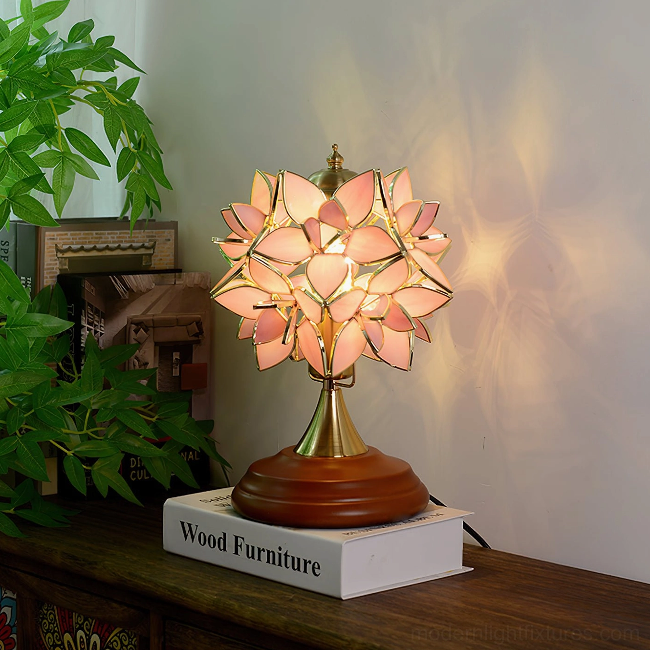 Illuminated Tiffany table lamp on wooden side table creating warm ambient light and soft glow in home interior