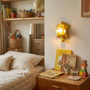 Animal character wall sconce installed above wooden bedside table in warm bedroom lighting