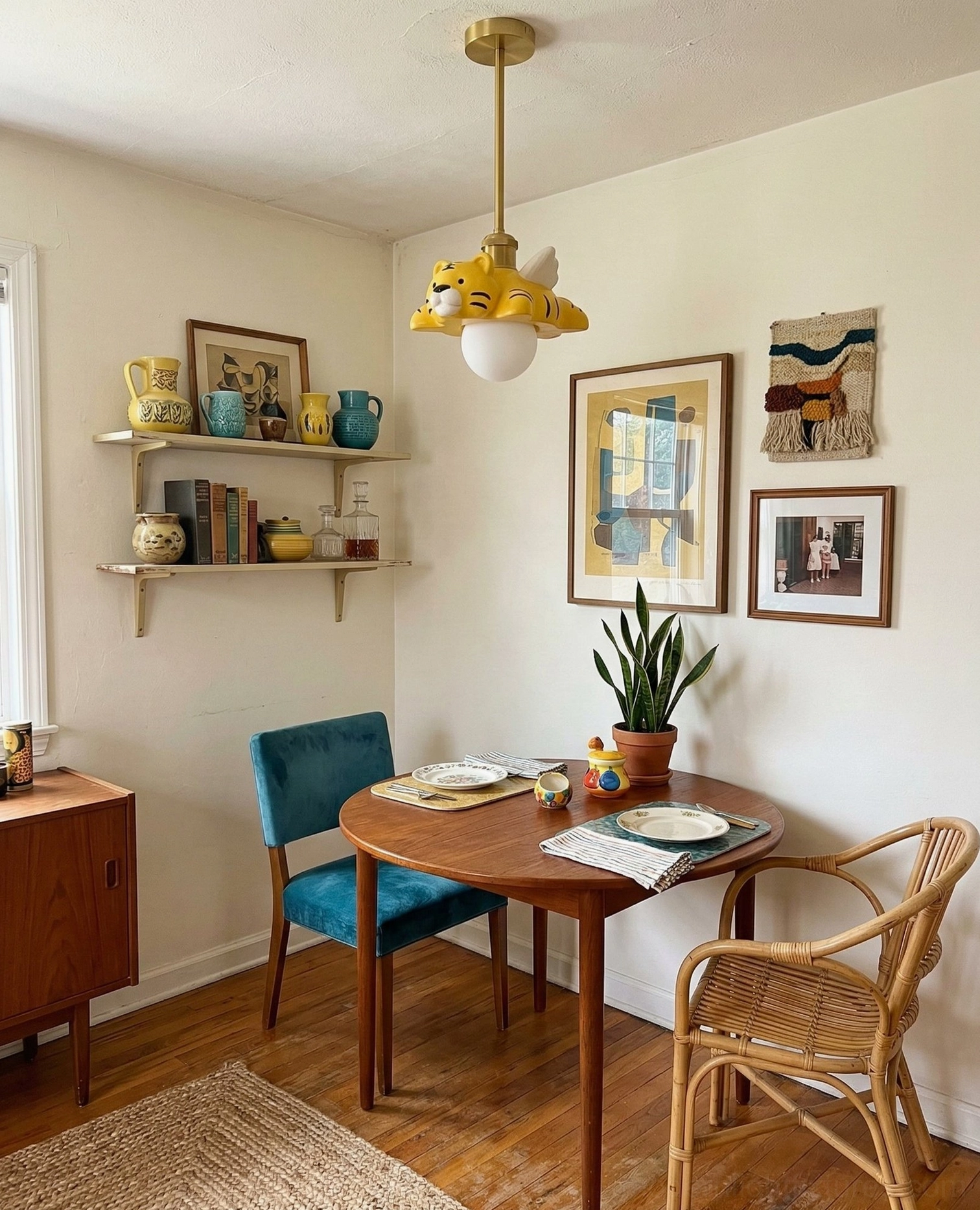 Animal ceiling lamp with tiger wings illuminating small bohemian dining nook with warm minimalist dining space ambiance
