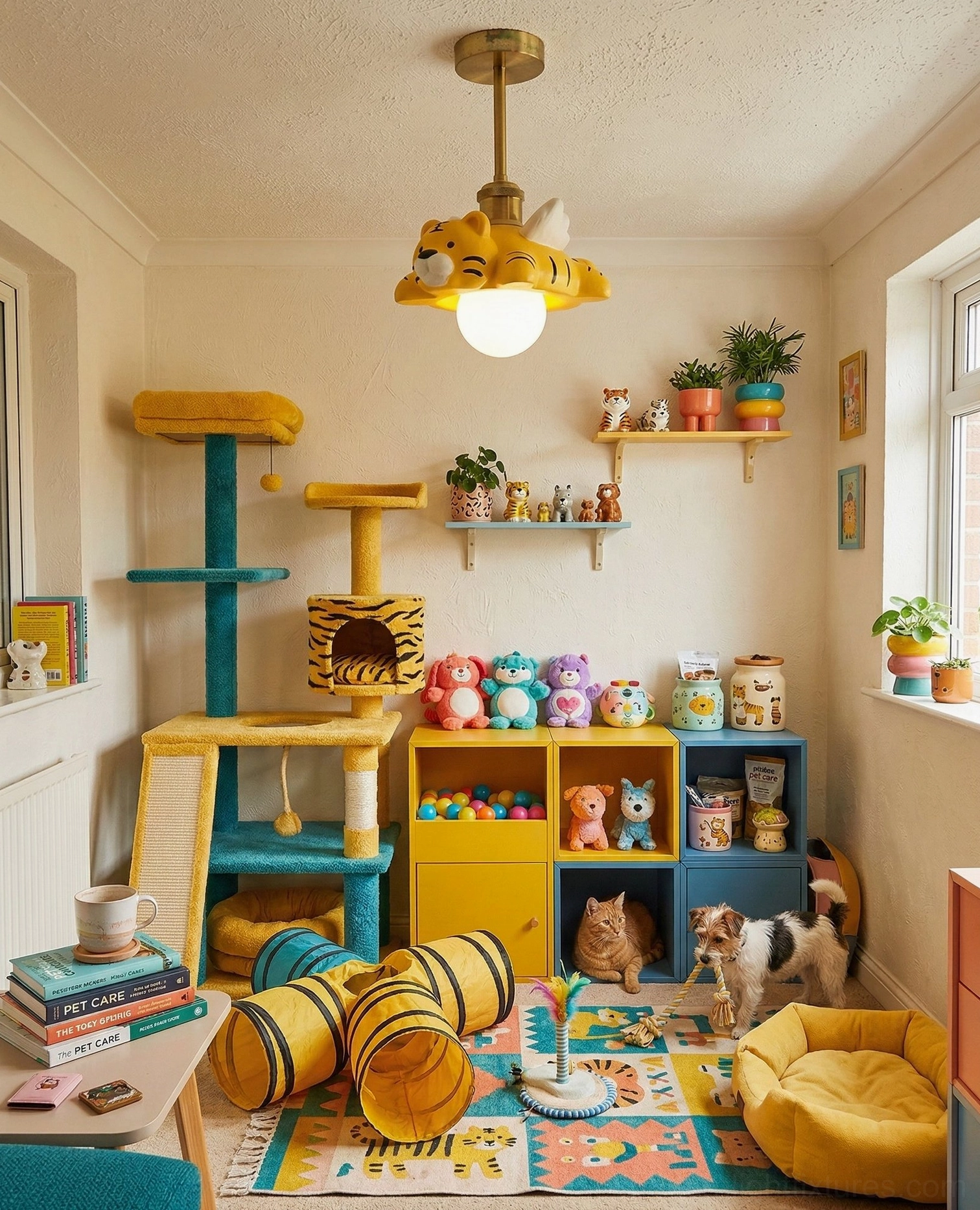 Tiger animal ceiling lamp illuminated in colorful kid's playroom with cat-themed décor and playful family home setting