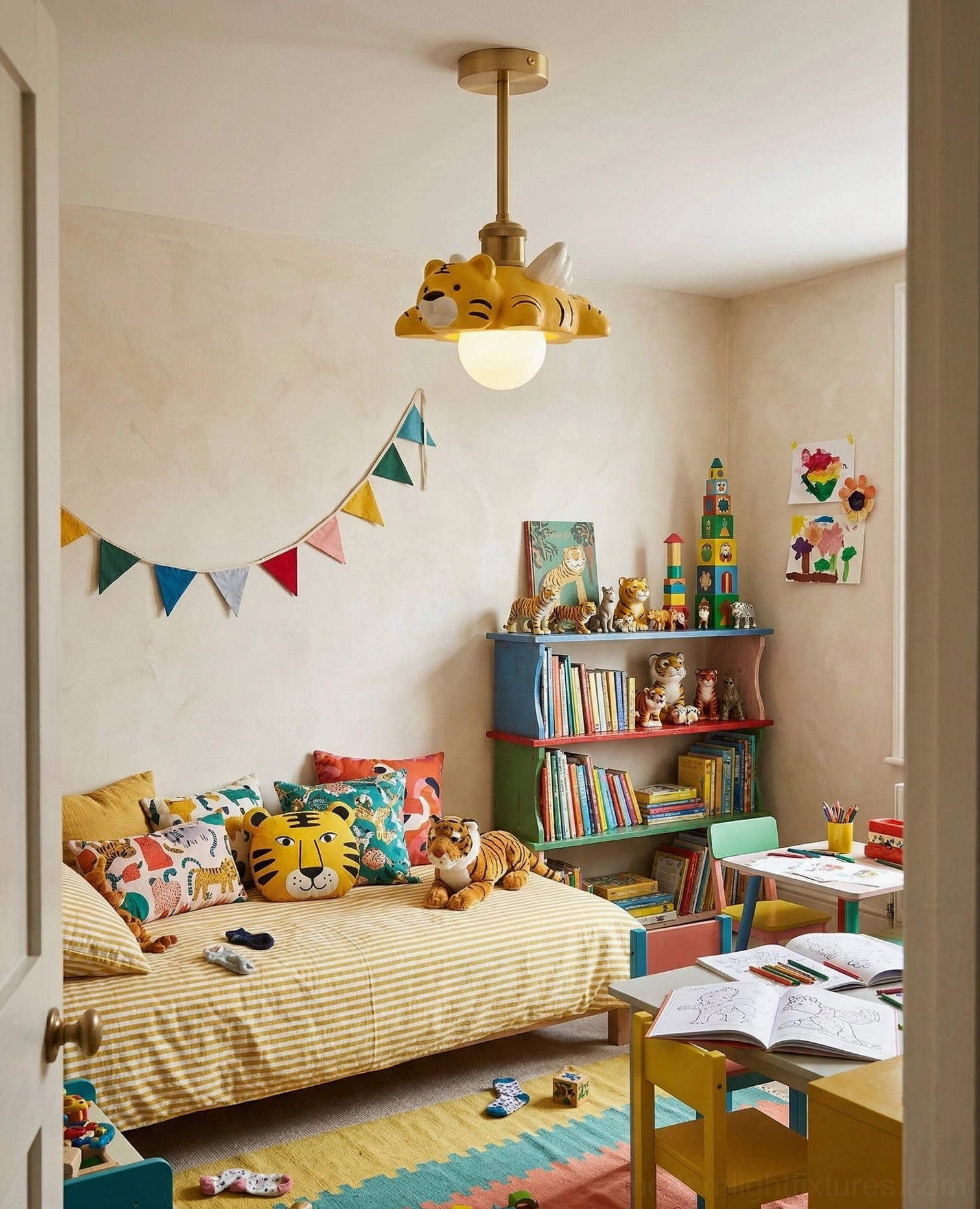 Winged tiger ceiling light fixture in vibrant kids' bedroom with colorful playful décor and child-friendly home design