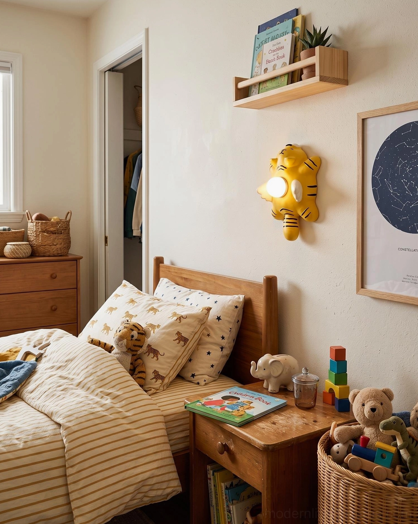 Striped tiger animal wall lamp in kids bedroom with stuffed toys and woven wall decor