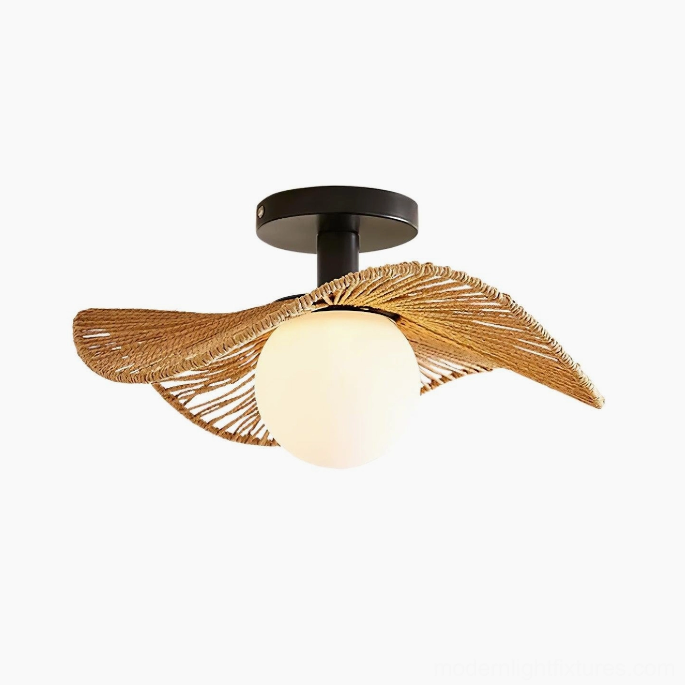 Tilda compact rattan leaf design ceiling light with black ceiling base and simple bohemian style, beige wall background