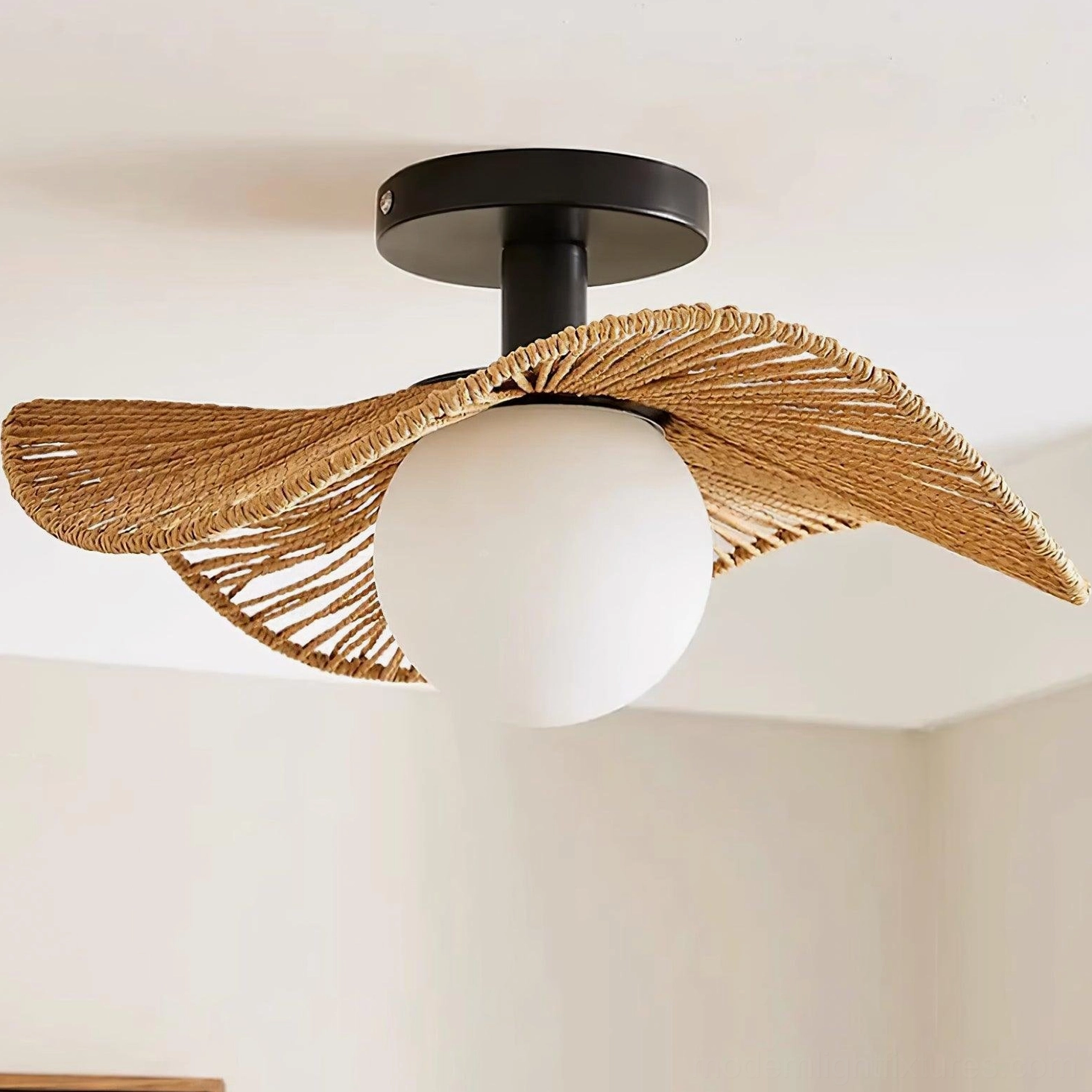 Tilda hemp rope and rattan ceiling light fixture in contemporary eclectic bedroom or living room setting