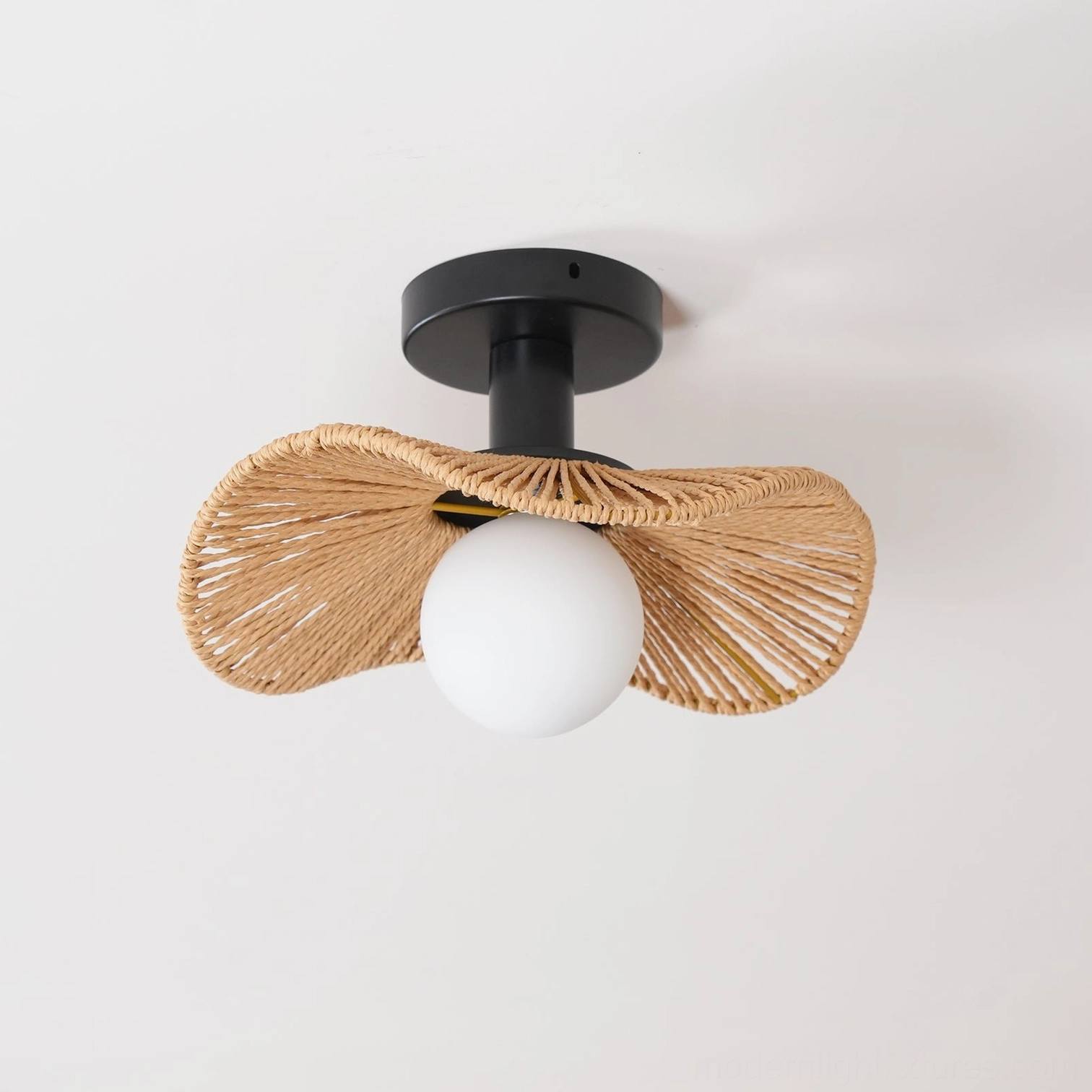 Tilda large-diameter rattan ceiling light fixture, full pendant view with hemp rope weaving visible
