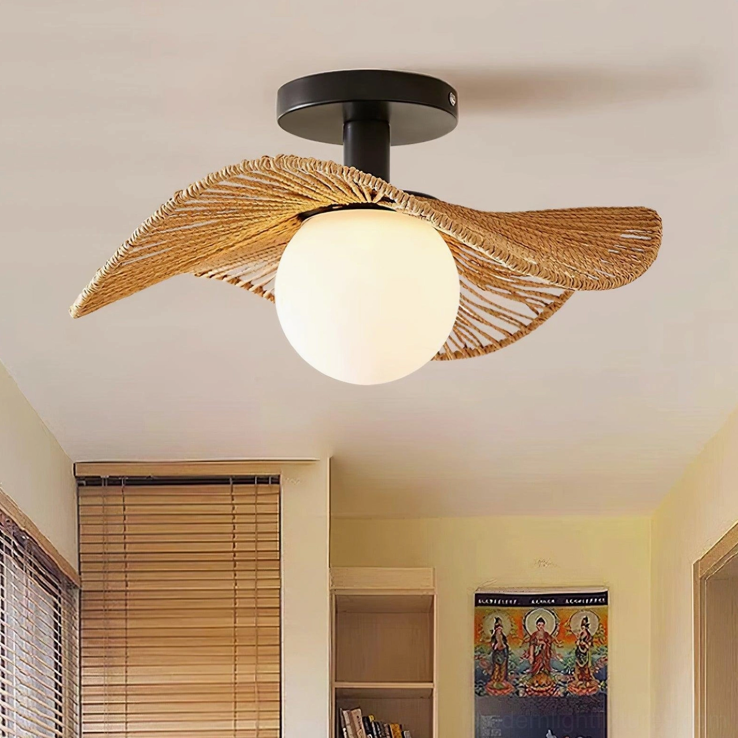 Tilda rattan ceiling light in beige interior space, demonstrating warm ambient lighting and shadow effect on ceiling