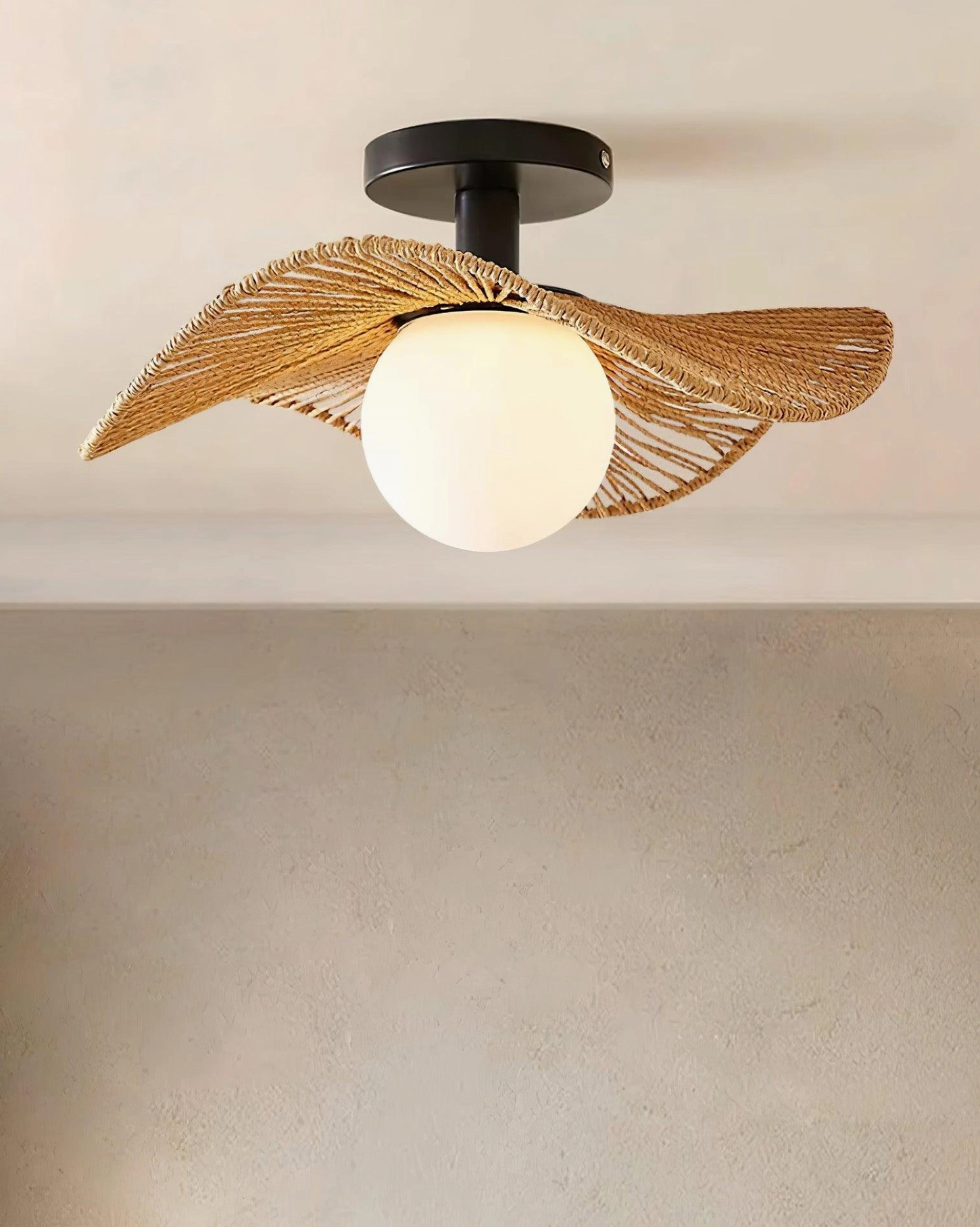 Tilda rattan ceiling light fixture installation detail, showing ceiling mount hardware and electrical connection