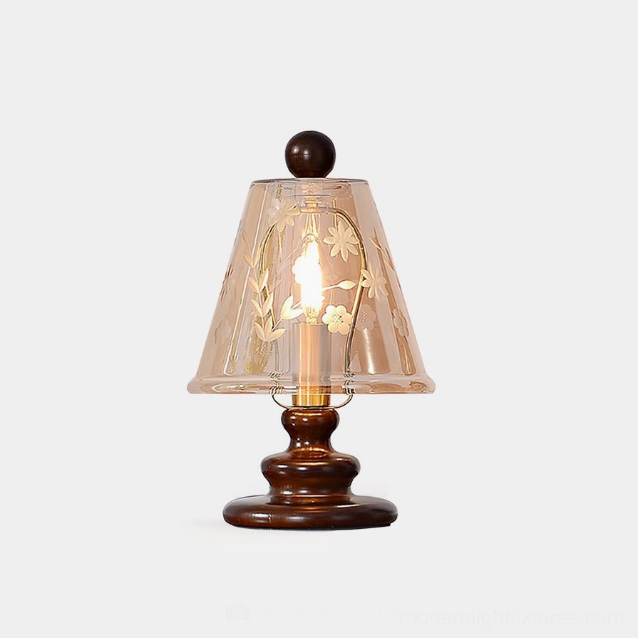 Tilda vintage table lamp with hand-etched floral cognac glass shade and dark walnut wooden base, front view on white background