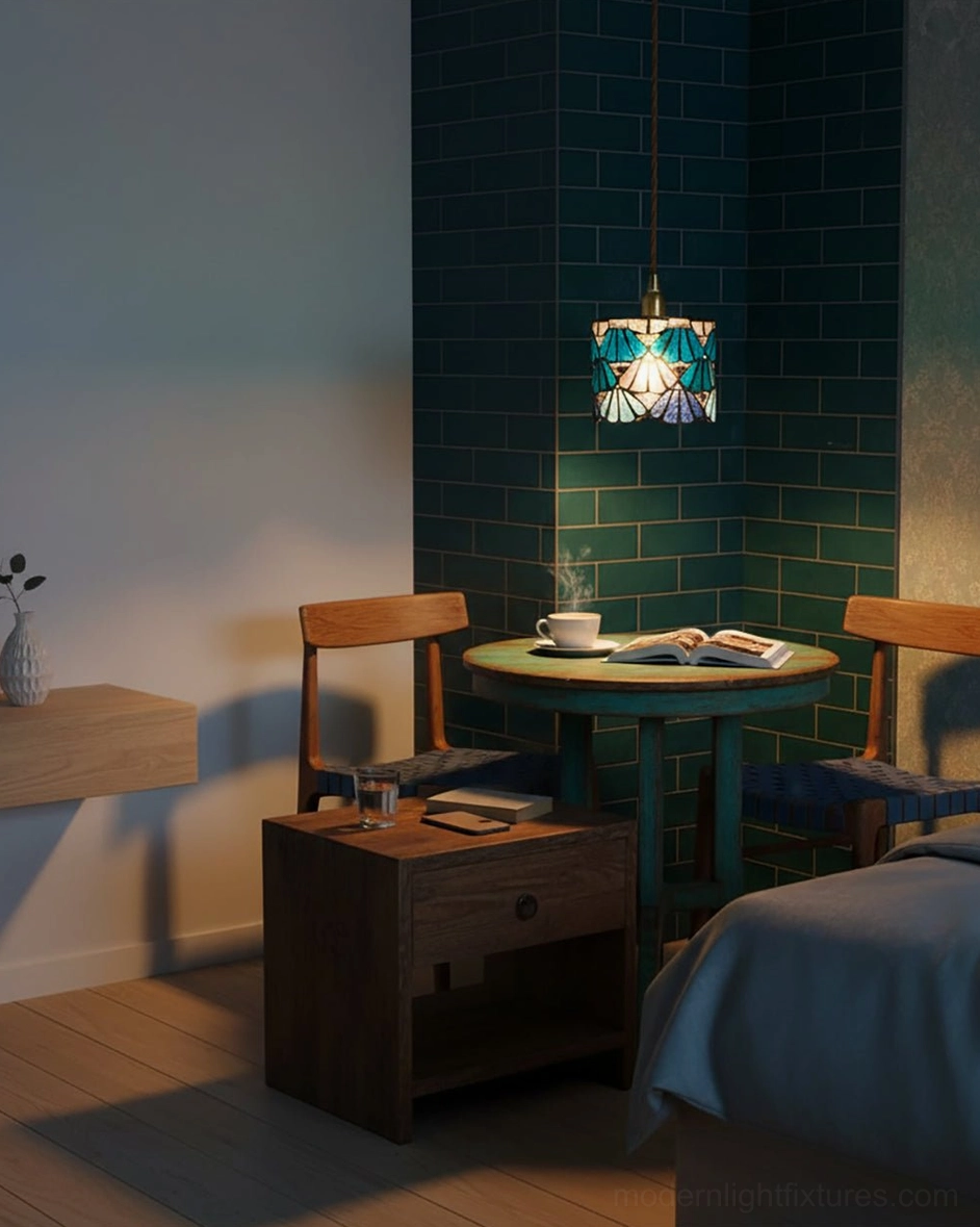 Blue stained glass pendant lamp creating warm intimate lighting in small tiled dining nook
