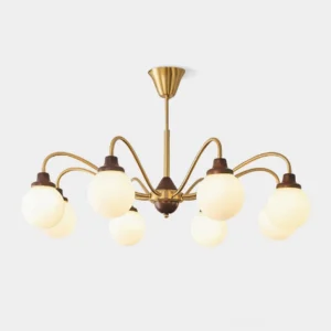 Tillary 8-head mid-century retro chandelier with brass frame and frosted glass shades, front studio view