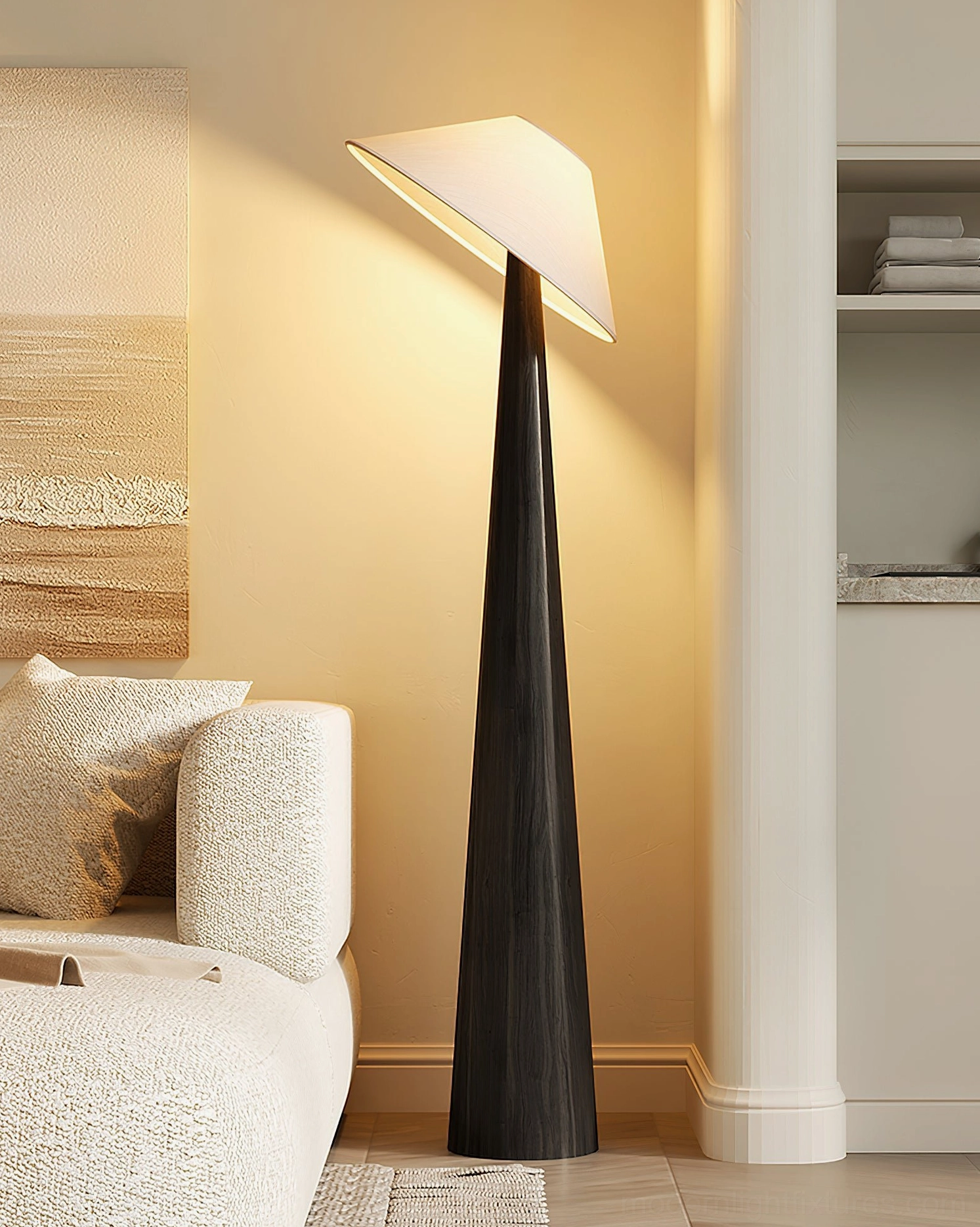 Contemporary wooden floor lamp with angled shade in modern living room beside fabric sofa