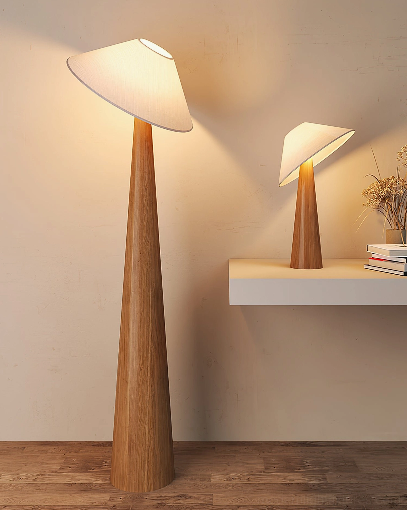 Scandinavian floor lamp and table lamp set with wood base in modern interior with shelf