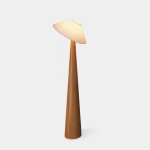 Tilt Hat wooden floor lamp with tapered oak base and angled fabric shade - front view studio shot