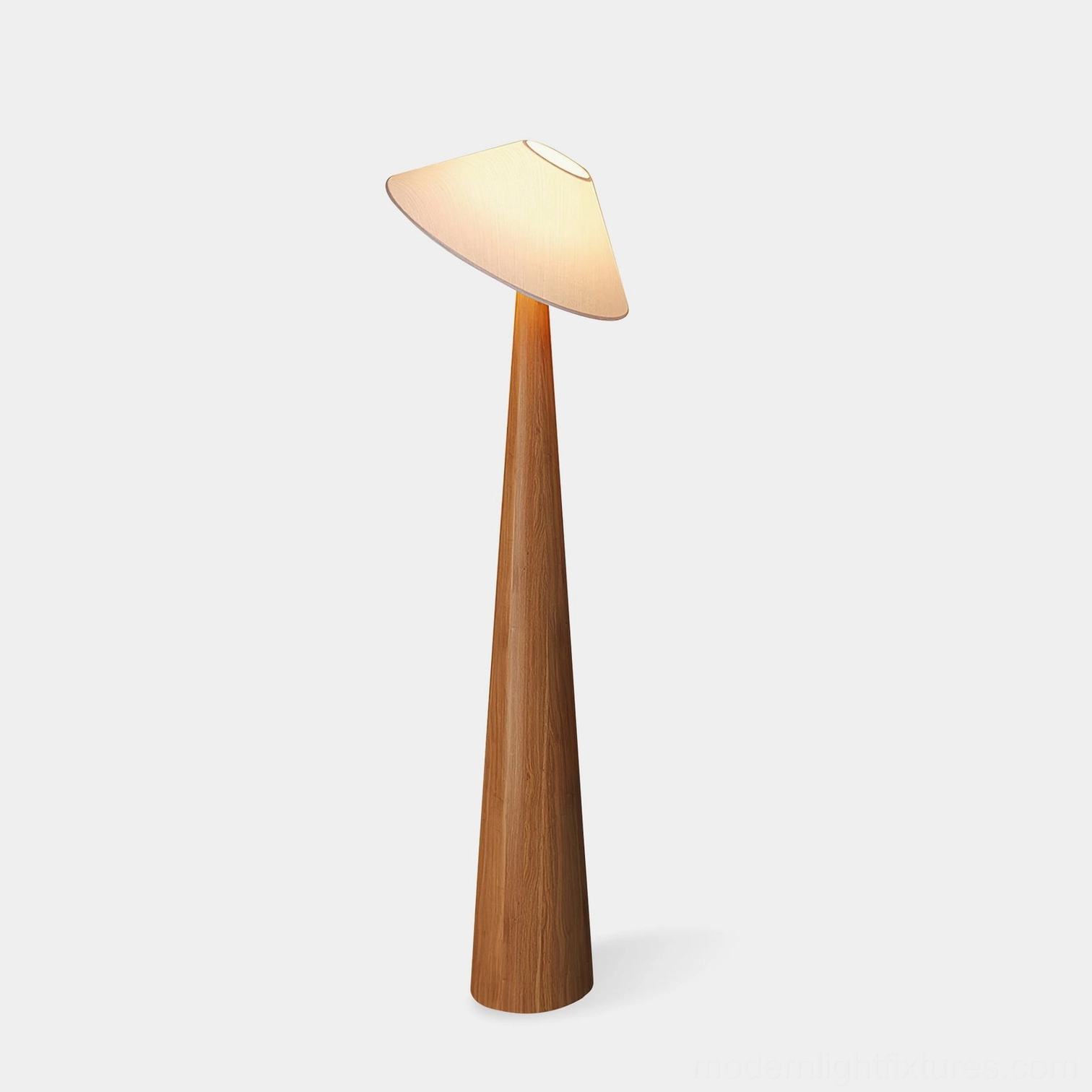 Tilt Hat wooden floor lamp with tapered oak base and angled fabric shade - front view studio shot
