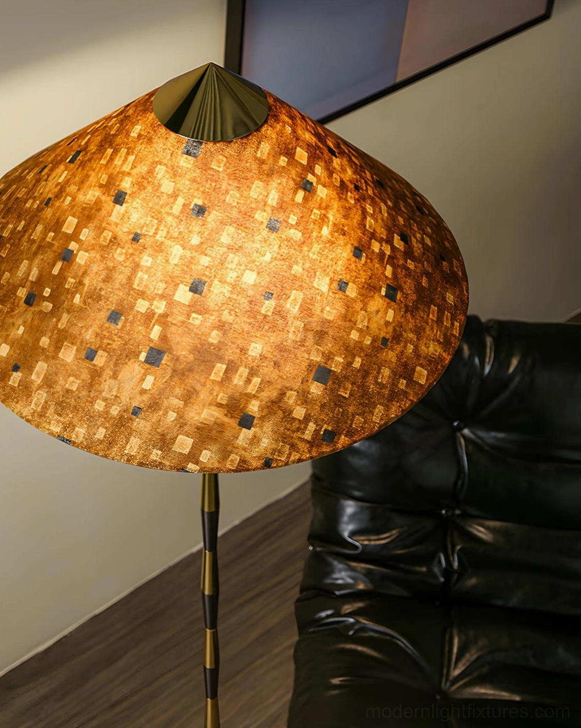 Timbre mosaic cone floor lamp showcase with metal tapered base showing design architecture and texture details