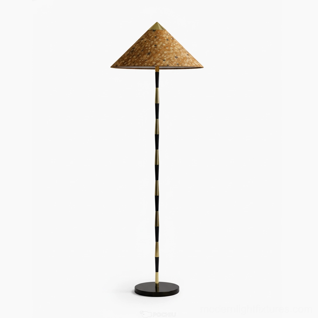 Timbre floor lamp gold camel brown color options with tapered metal base, premium mid-century modern lighting