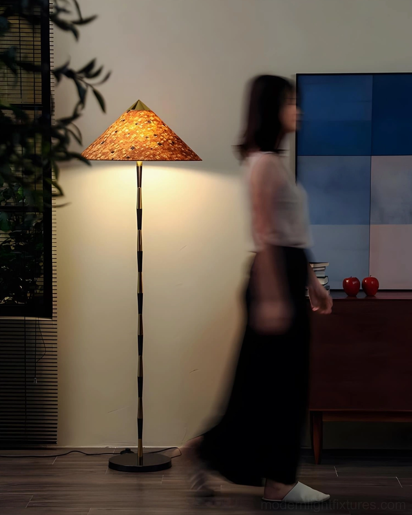 Timbre floor lamp in modern home hallway with minimalist wall art, warm ambient light contemporary space