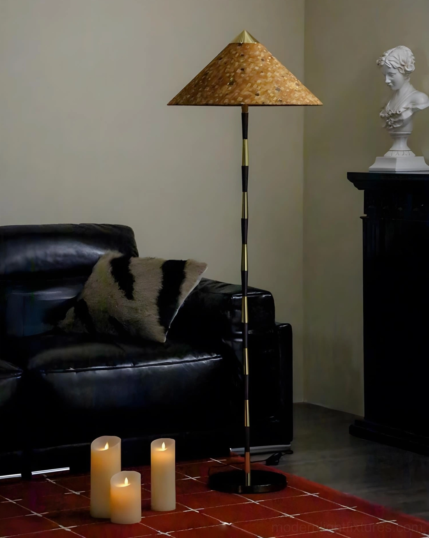 Timbre cone floor lamp in modern living room with decorative candles, neutral wall, side profile view
