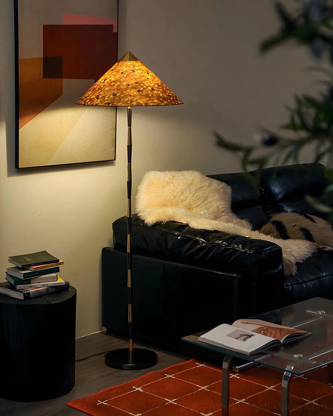 Timbre floor lamp in modern living room with leather sofa, casting warm ambient glow with brown mosaic shade texture
