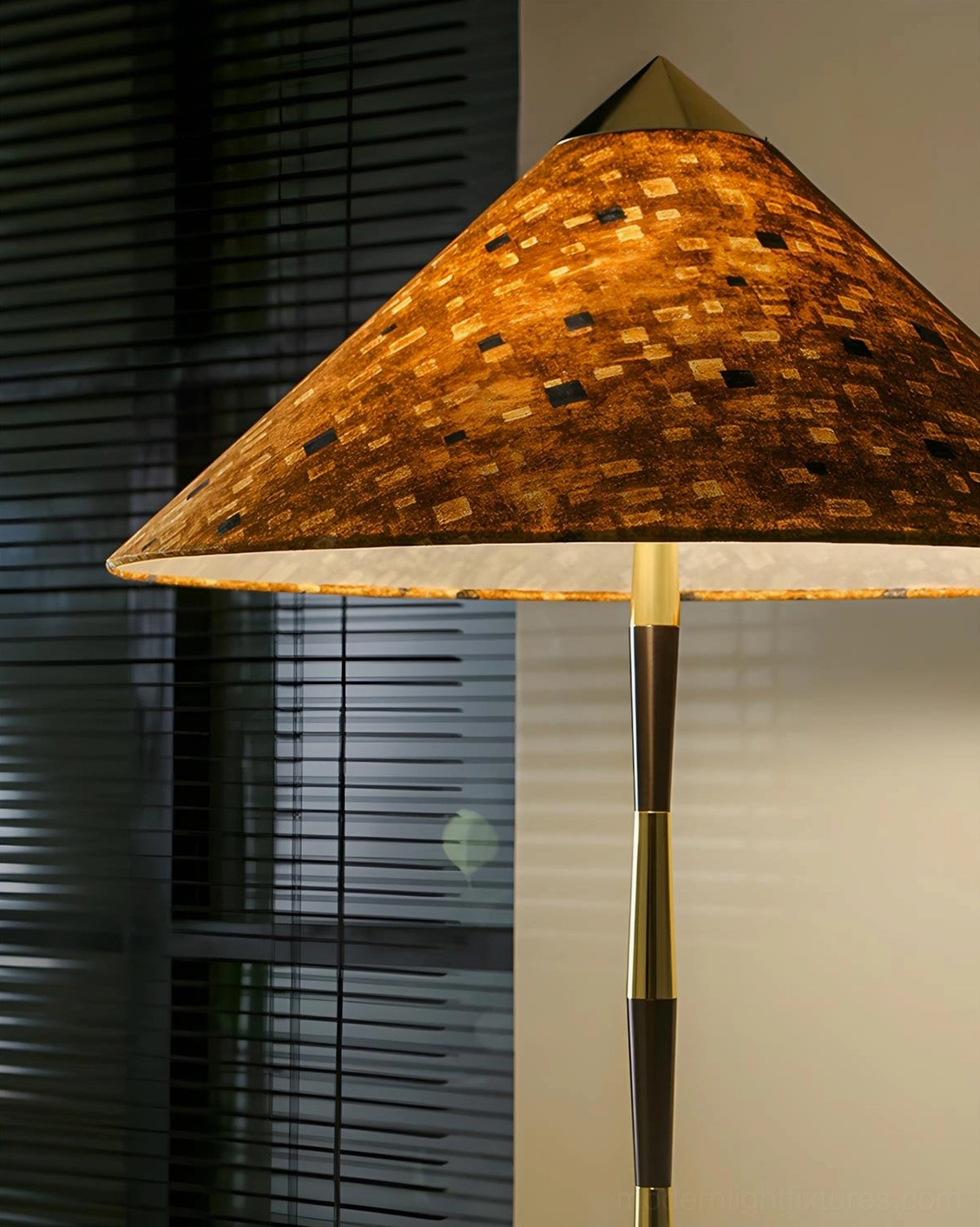 Close-up detail of Timbre lamp mosaic tile texture shade with gold metal pole trim, indoor window setting