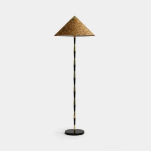Timbre mosaic cone floor lamp with tapered metal base, front studio view against white background showcasing sculptural design
