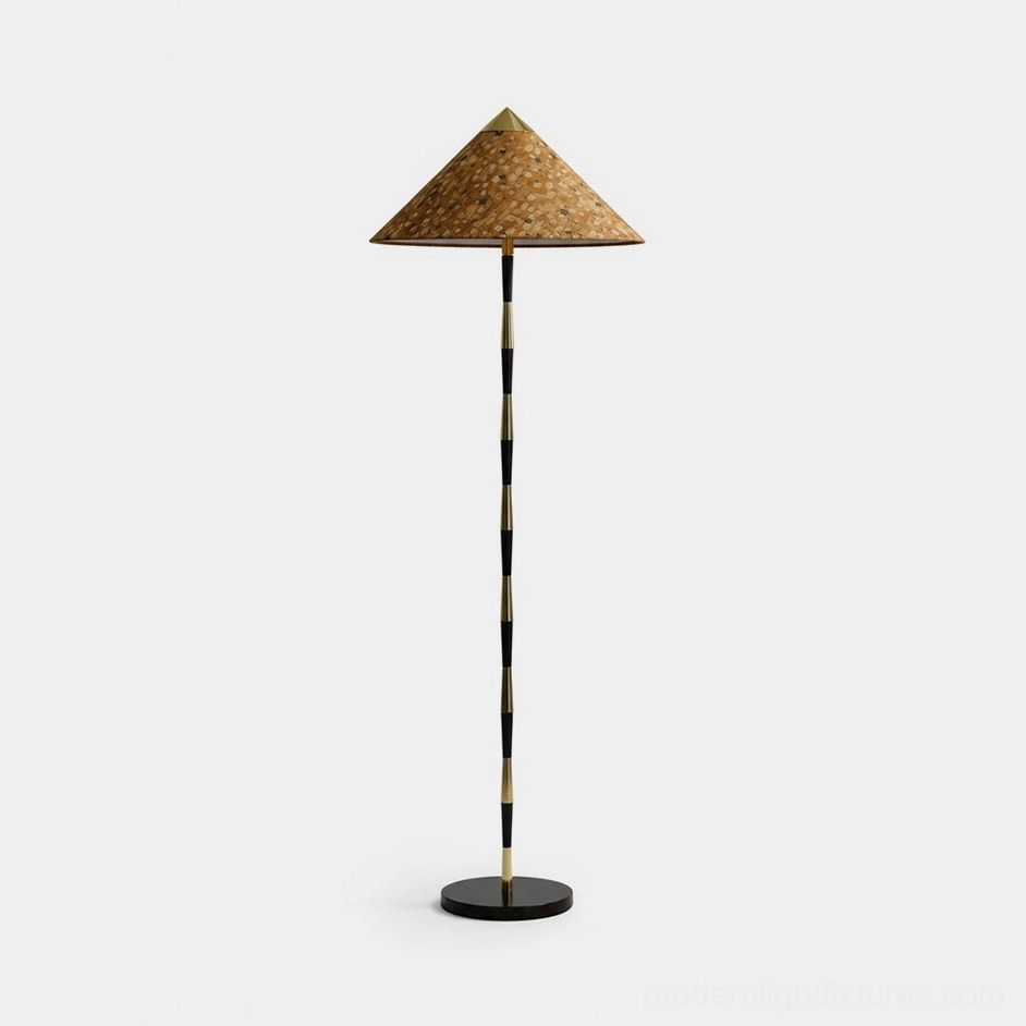 Timbre mosaic cone floor lamp with tapered metal base, front studio view against white background showcasing sculptural design