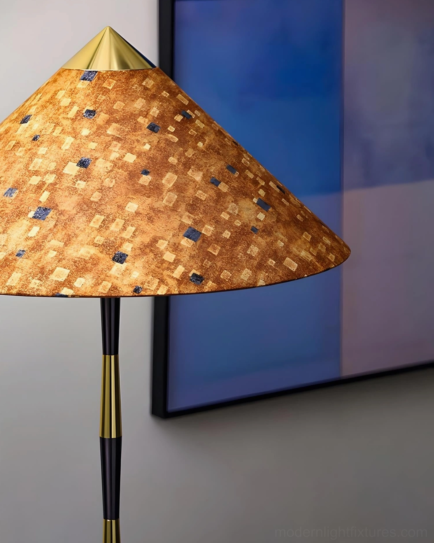 Timbre sculptural floor lamp with mosaic patterned shade and rhythmic metal segments, contemporary design piece