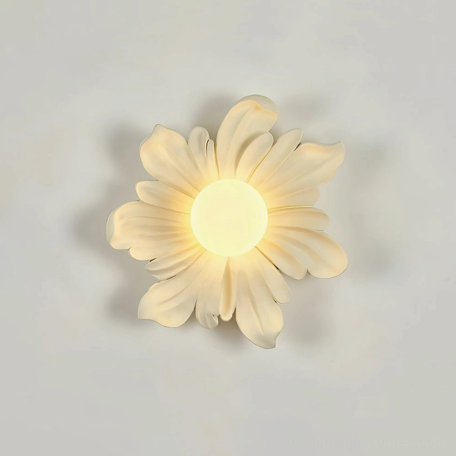 Tina beige flower wall sconce, neutral botanical fixture in contemporary living room setting