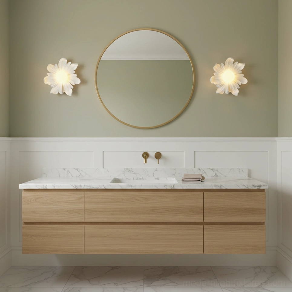 Tina flower wall lamp in beige color, neutral tone botanical sconce for transitional and coastal interiors