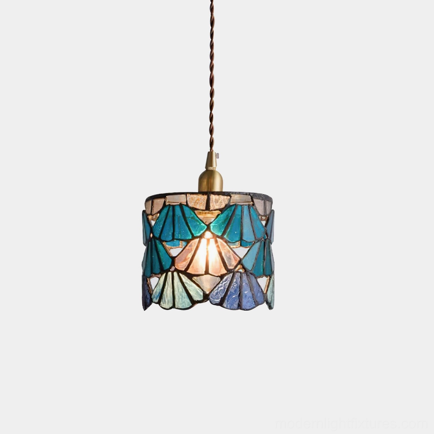 Tina blue stained glass pendant light with lead line detailing and brass canopy, front view studio shot