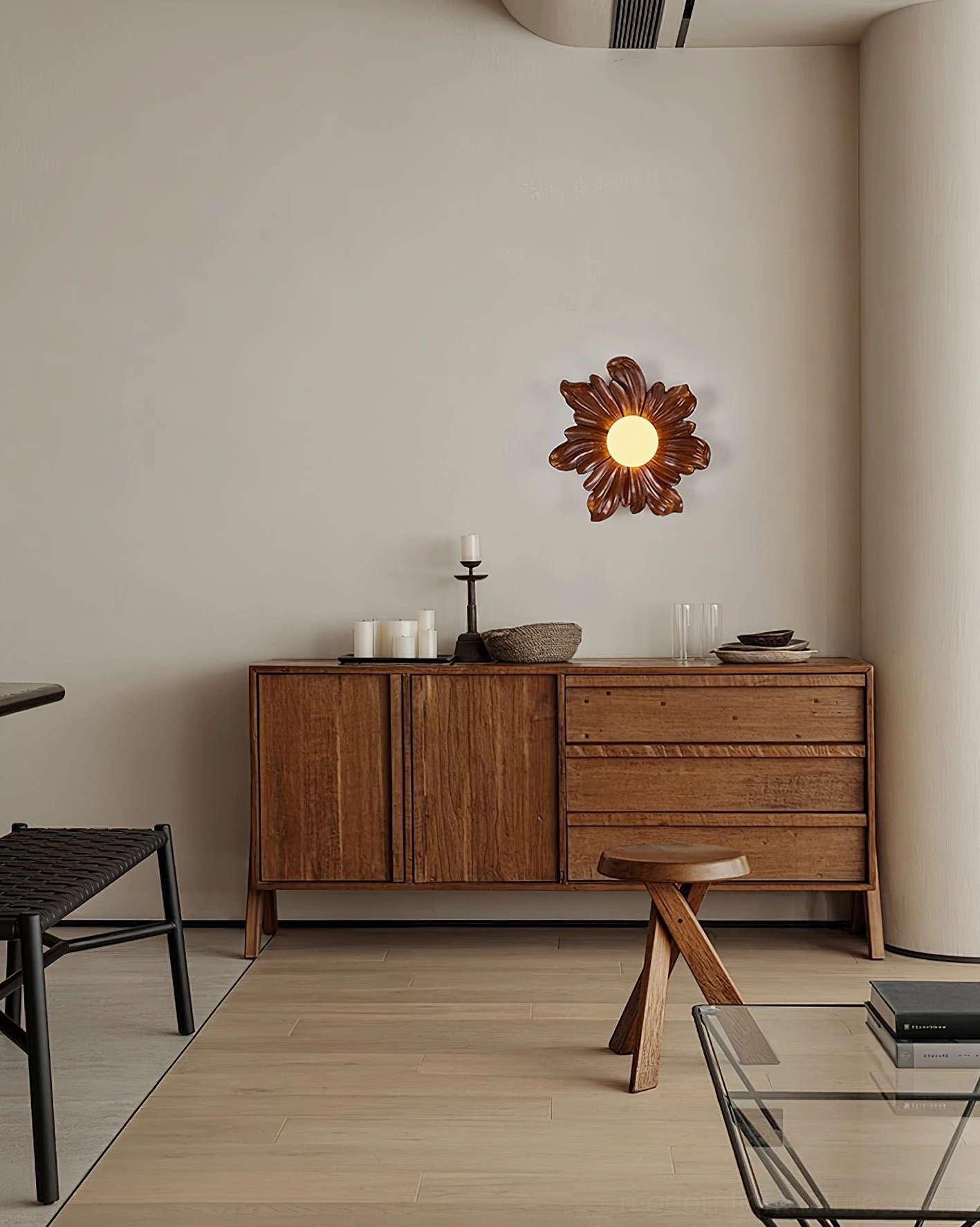 Tina floral wall sconce in mid-century modern living room with vintage wooden furniture and warm lighting
