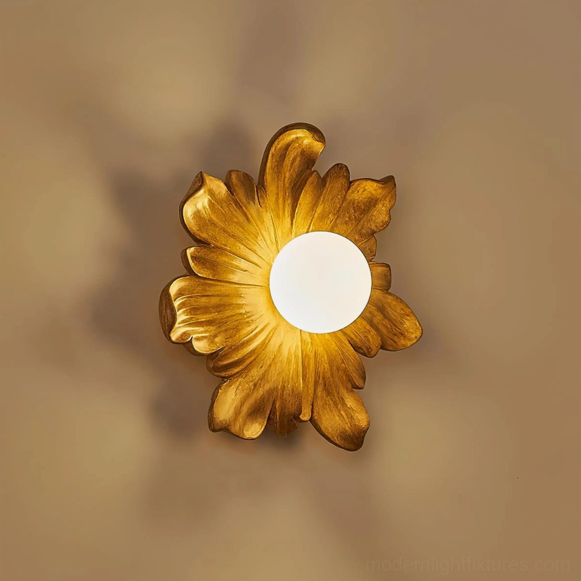 Tina flower wall sconce in bohemian eclectic space, botanical fixture with vintage decor and textiles