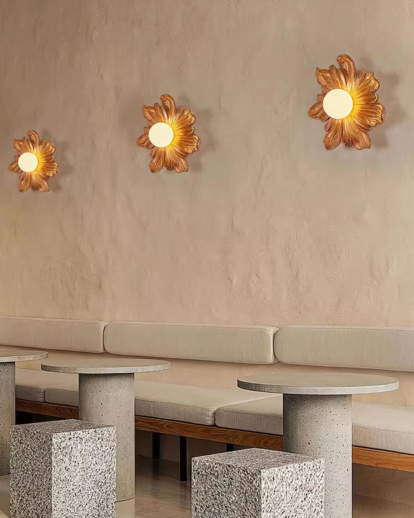 Tina flower wall lamp coordinated with modern interior decor, botanical accent piece above console table