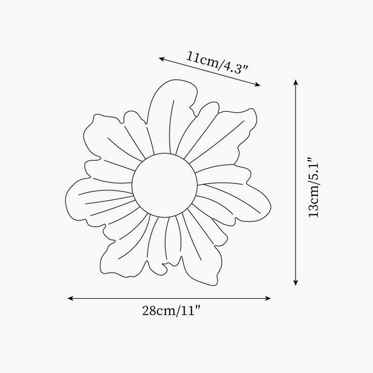 Tina flower wall lamp product dimensions schematic, top-down flat view showing size measurements and flower outline