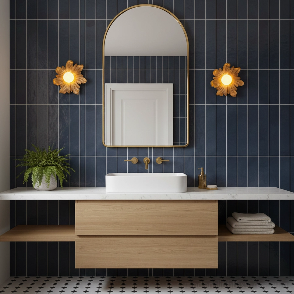 Tina mini floral wall sconces above modern tiled bathroom vanity with arched gold-framed mirror and minimalist cabinetry