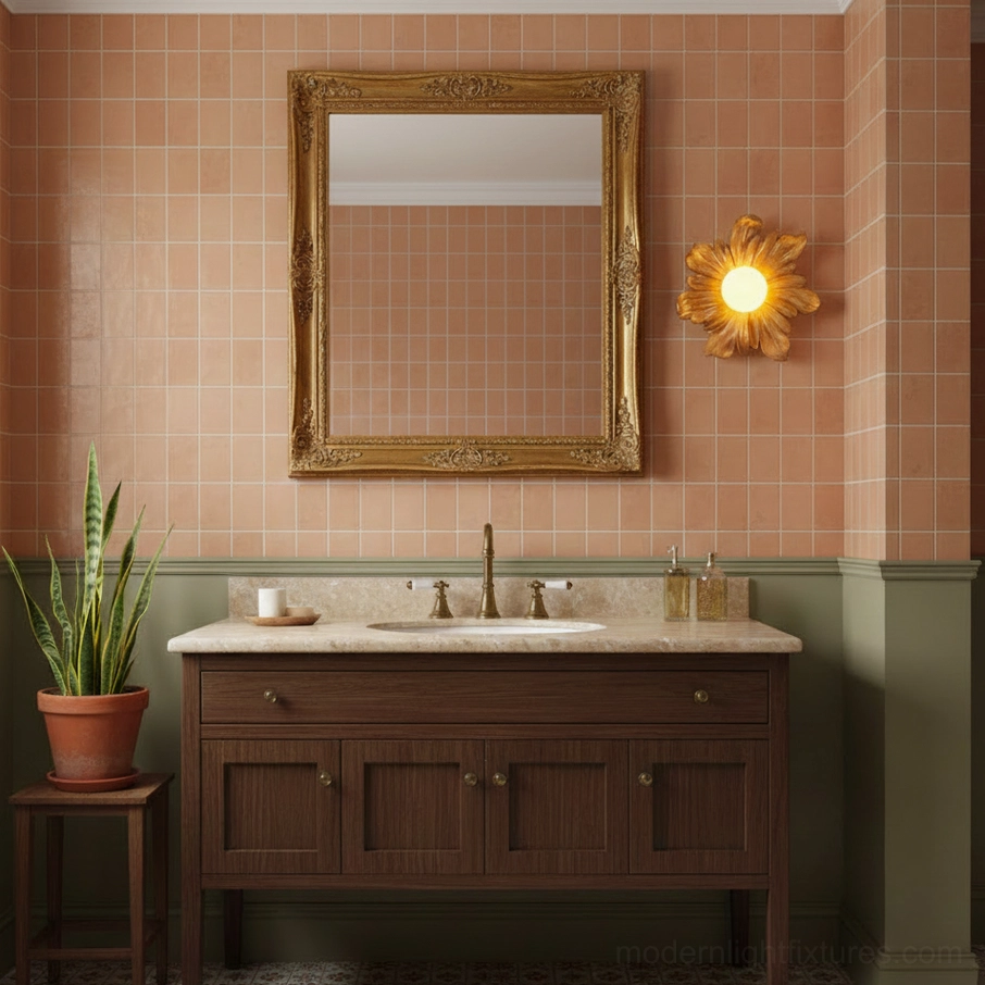 Tina flower wall sconce mounted in covered outdoor area, damp-rated botanical fixture for porch and patio lighting
