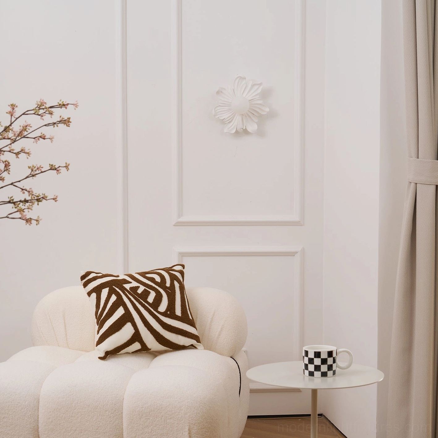 Tina flower wall sconce paired with round mirror, botanical fixture above entryway console styling