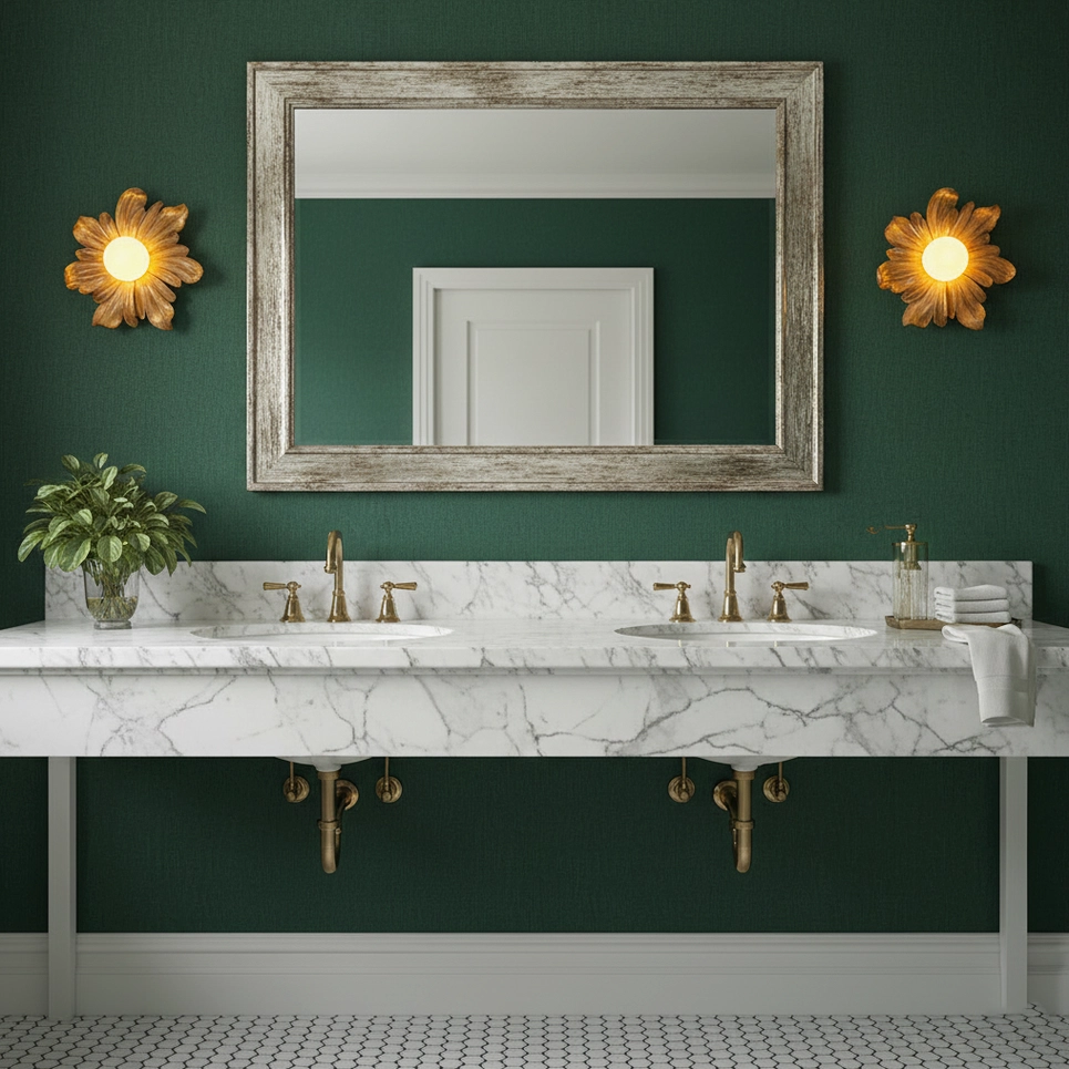 Pair of matching Tina floral wall sconces flanking bathroom vanity mirror, damp-rated fixtures in coordinated bathroom design