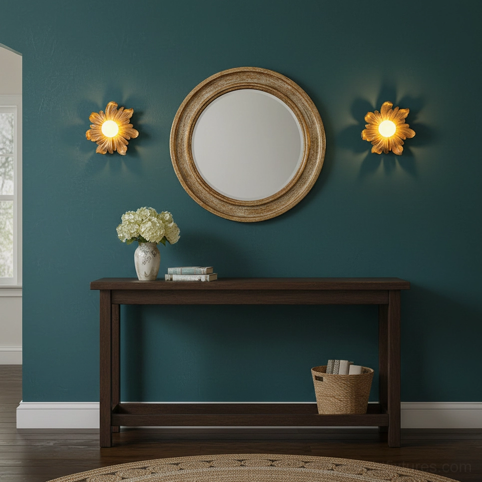 Pair of Tina flower wall sconces flanking round gold mirror in entryway console table area, coordinated botanical lighting